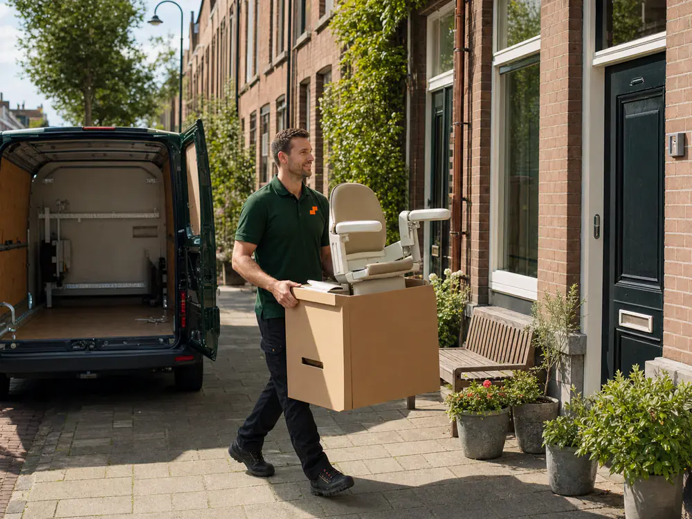 Monteur brengt een huurtraplift naar de voordeur